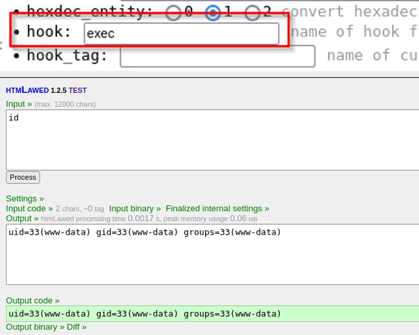 htmLawed hook set to exec with id input and www-data command output.