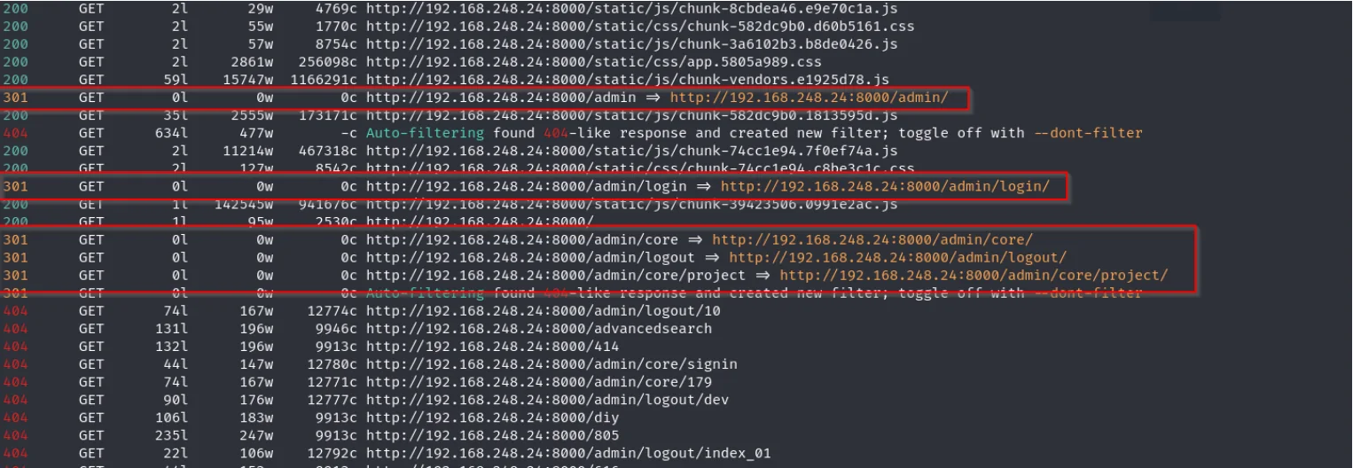 Feroxbuster output showing redirects to the Gerapy and Django administration paths.